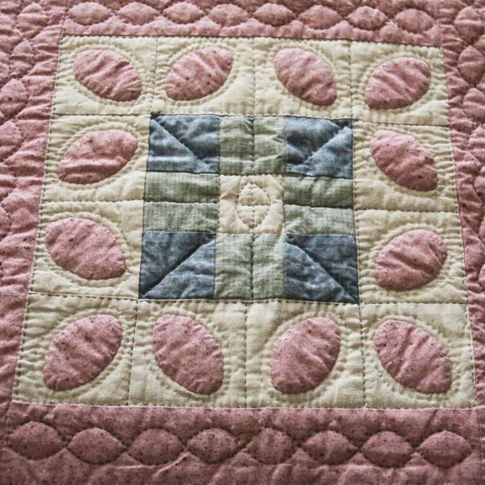 Vintage 80's/90's Completely Handmade Hand Stitched Quilt Pink Squares 87L x 60W